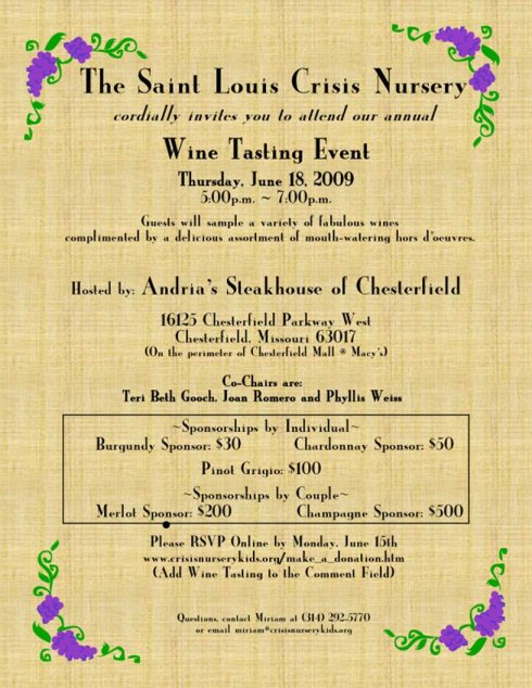St. Louis Crisis Nursery Wine tasting invitation